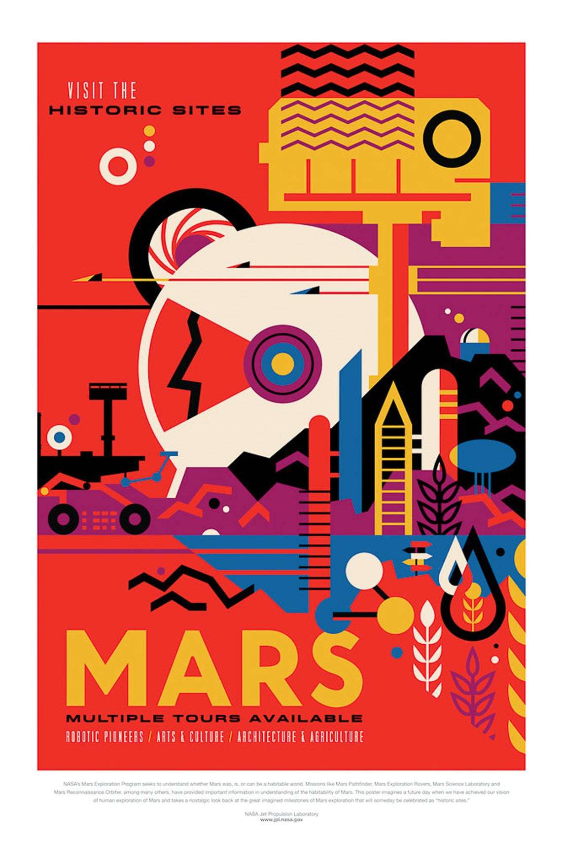 Affiche NASA, Mars, Voyage espace rétro-futuriste / ROSE BUNKER