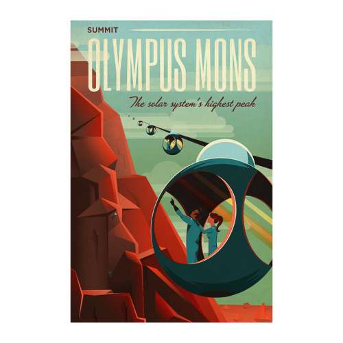 Poster NASA, Olympus mons, Voyage espace rétro-futuriste