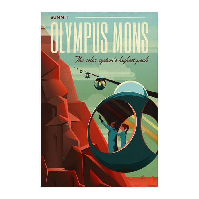 Poster NASA, Olympus mons, Voyage espace rétro-futuriste