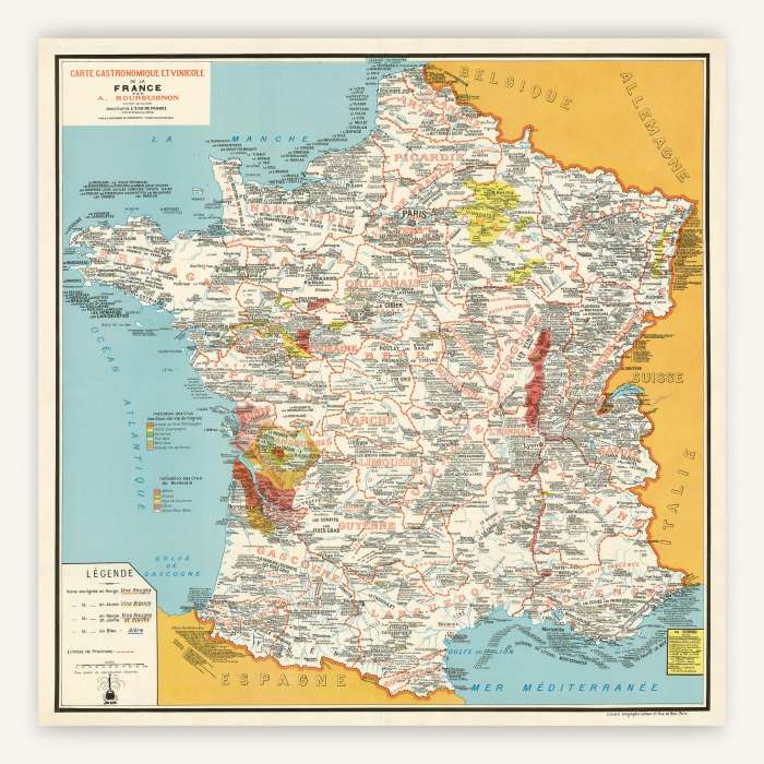 Carte de France, Affiche Gastronomique et Vinicole 1951