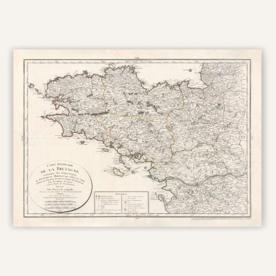Carte de la Bretagne 1800. Réédition Affiche Vintage