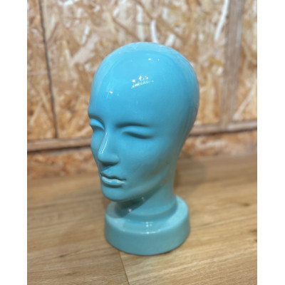 Tête à Chapeau en céramique bleu turquoise, Vintage