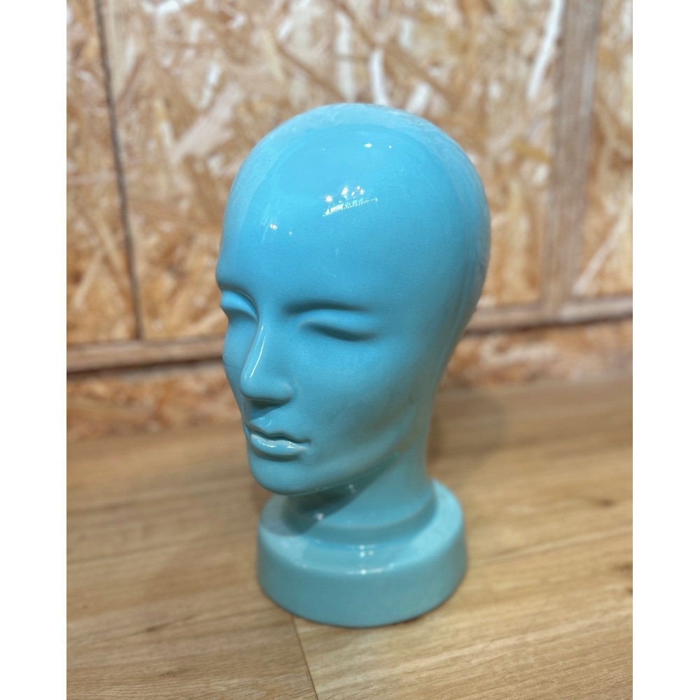 Tête à Chapeau en céramique bleu turquoise, Vintage